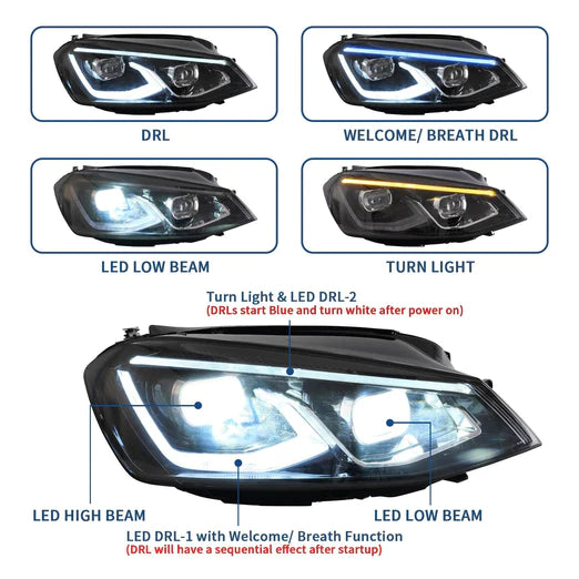 LED Projector Headlights For Volkswagen(VW) Golf MK7 2014-2017 With Sequential indicator Turn Signals (MK8 Style)