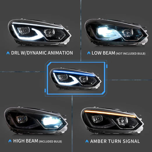 LED Projector Headlights For Volkswagen [VW] Golf Mk6 2008-2014 With Sequential indicator Turn Signals (MK8 Design Style)