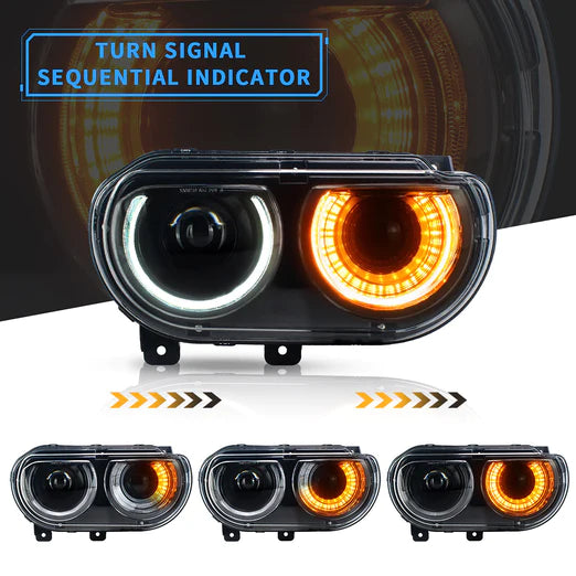 Halo Headlights For Dodge Challenger 2008-2014 Dual Beam DRL(White) With Sequential Turn Signals