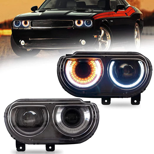 Halo Headlights For Dodge Challenger 2008-2014 Dual Beam DRL(White) With Sequential Turn Signals