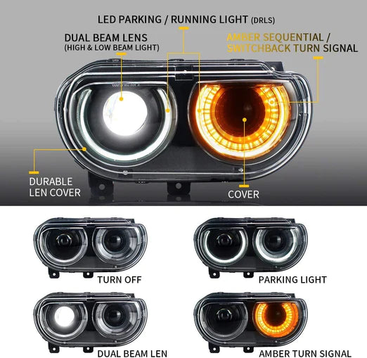 Halo Headlights For Dodge Challenger 2008-2014 Dual Beam DRL(White) With Sequential Turn Signals