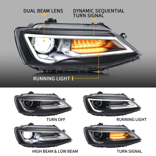 LED Headlights For Volkswagen Jetta MK6 2011-2018 with Sequential Dual Beam/Demon Eye