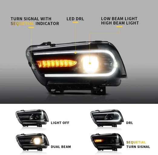 LED Projector Headlights For Dodge Charger 2011-2014 With Sequential Turn Signals