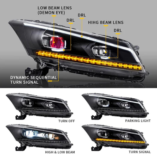 LED Projector Headlights with Demon Eye For Honda Accord 2008-2012 (NOT FOR 2-DOOR COUPE) With Sequential indicators Turn Signals