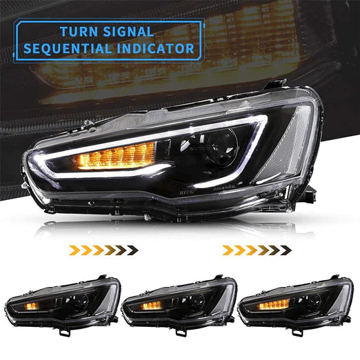 LED Projector Headlights For Mitsubishi Lancer GT EVO X 2008-2018 with Sequential Indicators