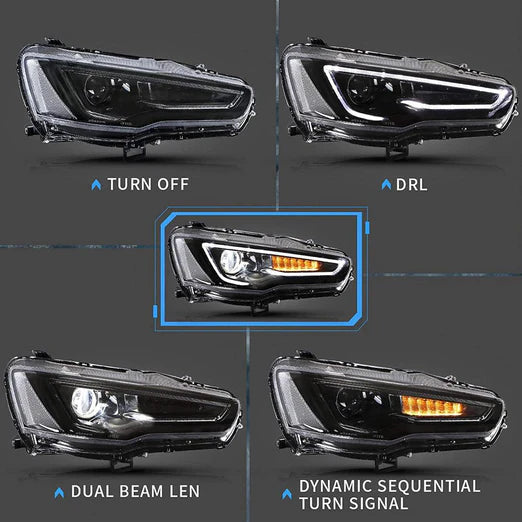 LED Projector Headlights For Mitsubishi Lancer GT EVO X 2008-2018 with Sequential Indicators