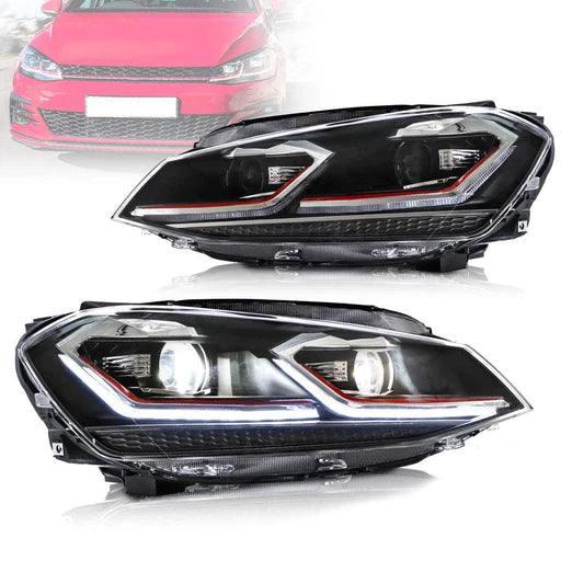 LED Projector Headlights For Volkswagen Golf 7 MK7 2013-2016 Silver & Red Stripe