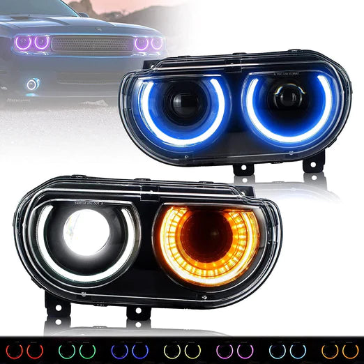 LED RGB Halo Headlights For Dodge Challenger 2008-2014 with Sequential